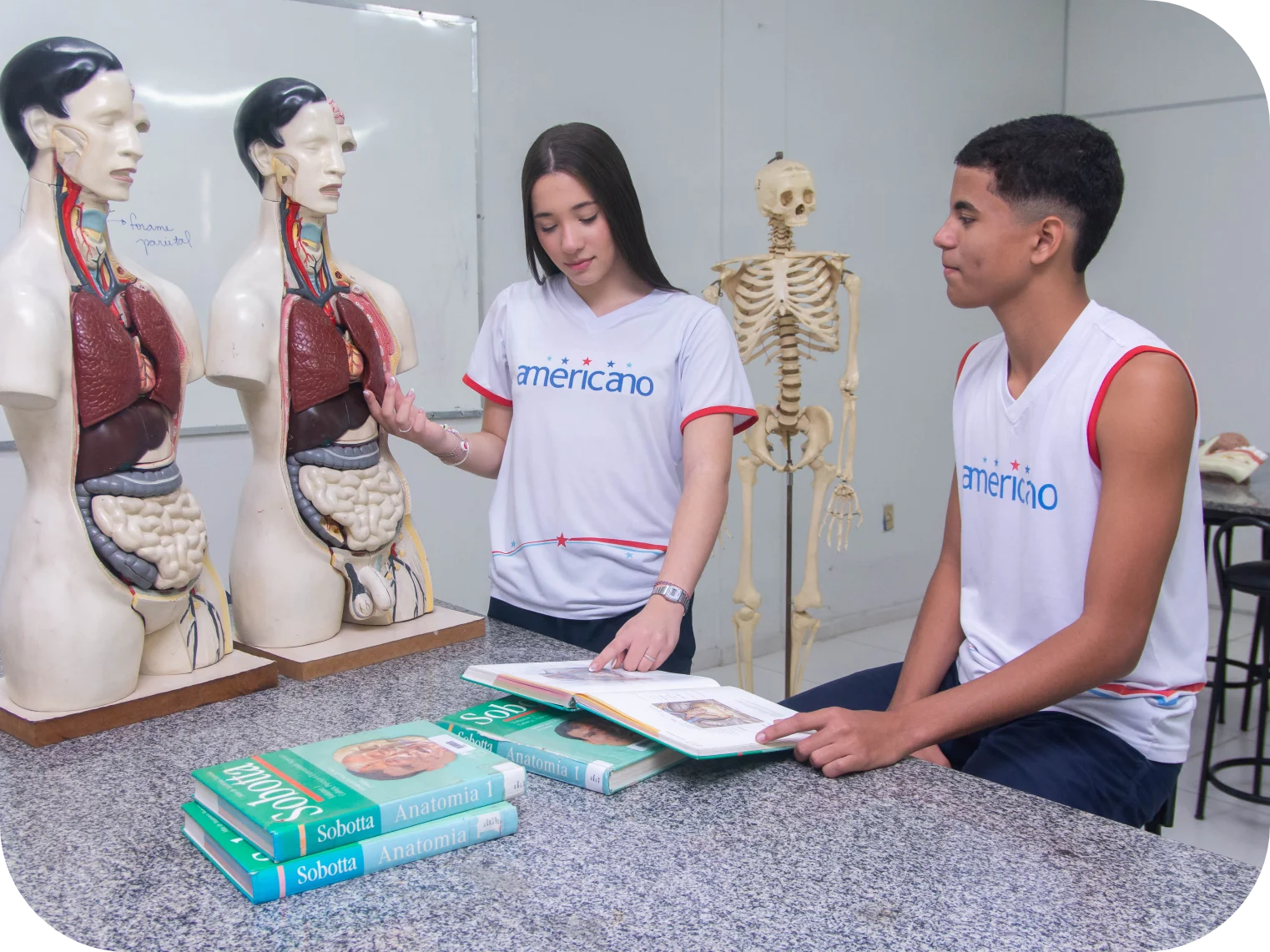 Três alunos estudando